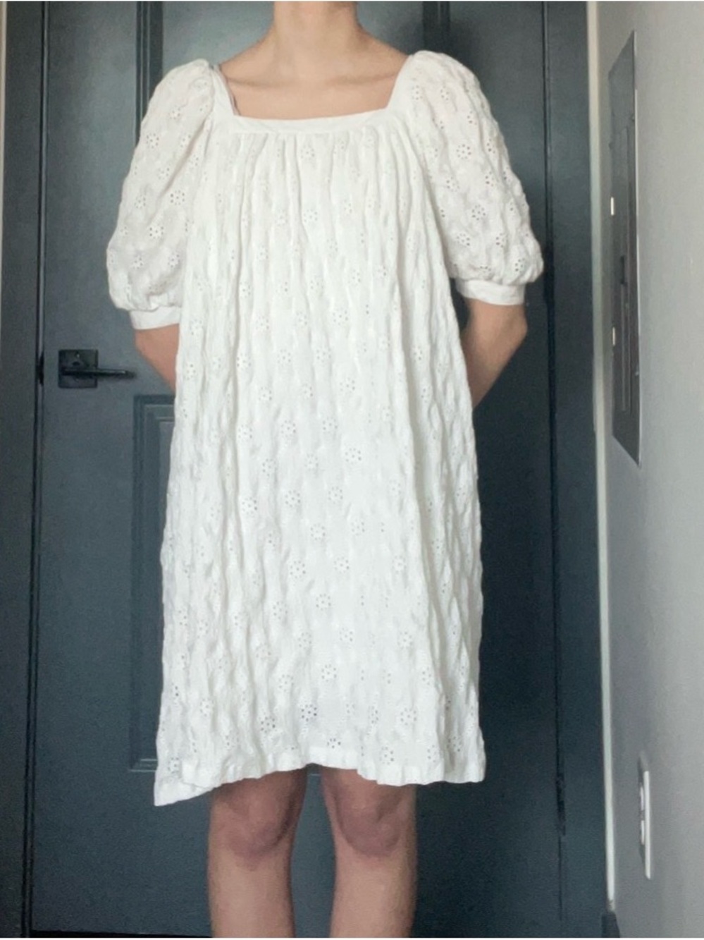 Anthropologie White Eyelet Puff-Sleeve Square-Neck Mini Dress